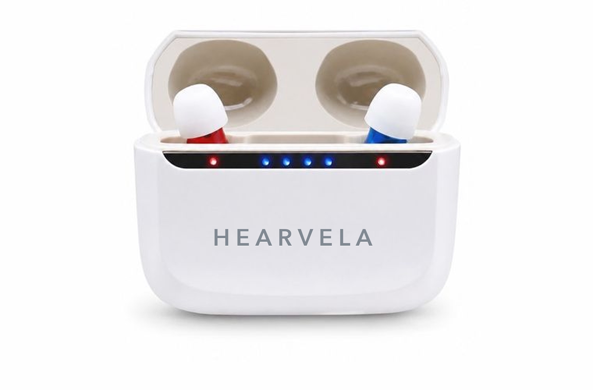 HEARVELA charging case, open, with the red and blue in-the-canal hearing aids inside