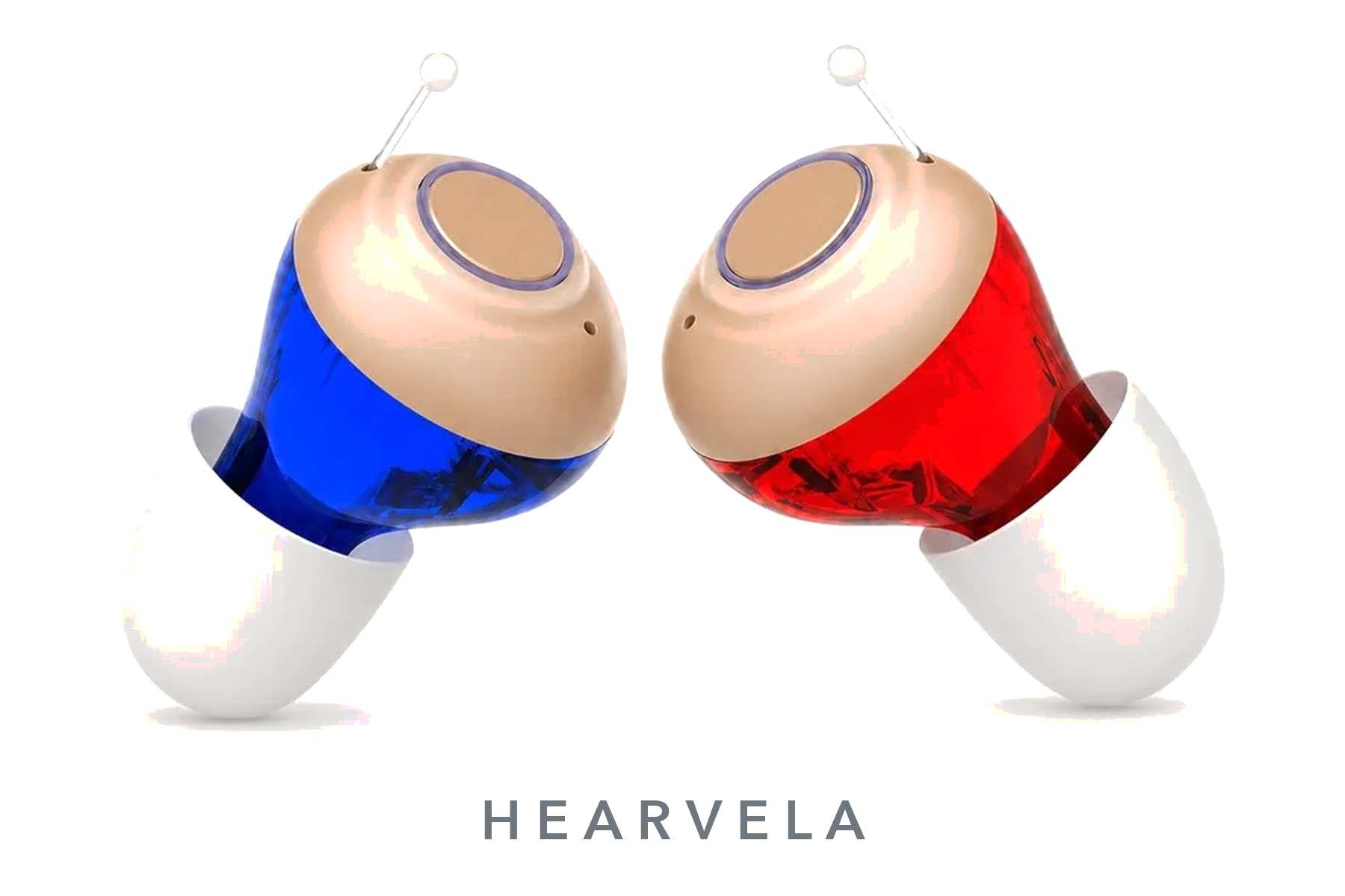 HEARVELA One in-the-canal hearing aids, one blue (left) and one red (right)